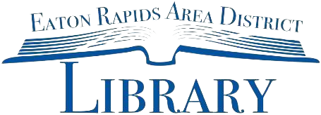 Logo of Eaton Rapids Area District Library featuring an open book design with the library name in blue text.