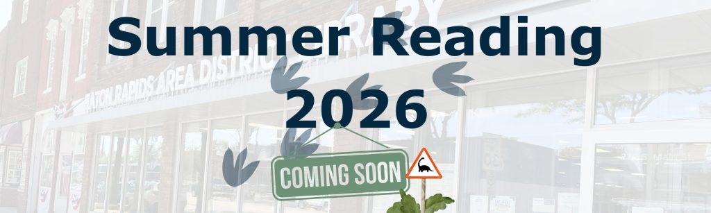 Banner reads Summer Reading 2026 with dinosaur footprints and a Coming Soon sign in front of a library entrance. A small caution sign with a dinosaur silhouette is near the bottom.