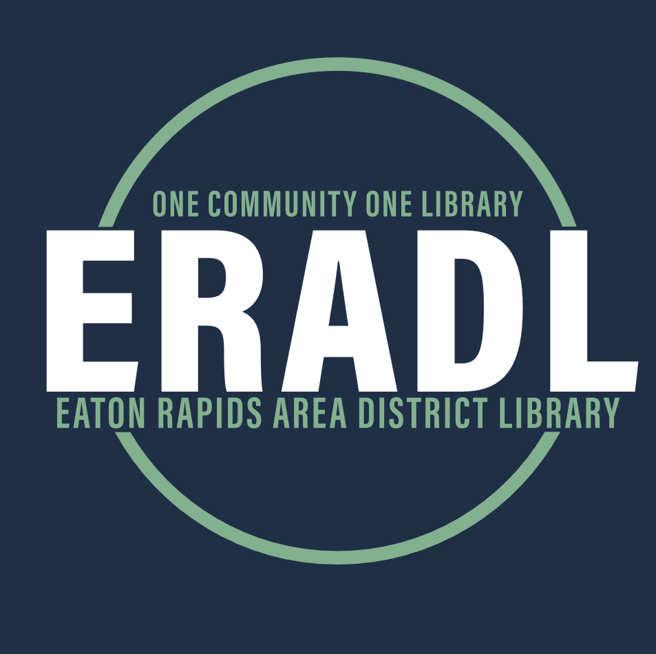 Logo with a green circle on a dark blue background. Large white letters ERADL in the center, with One Community One Library above and Eaton Rapids Area District Library below in green text.
