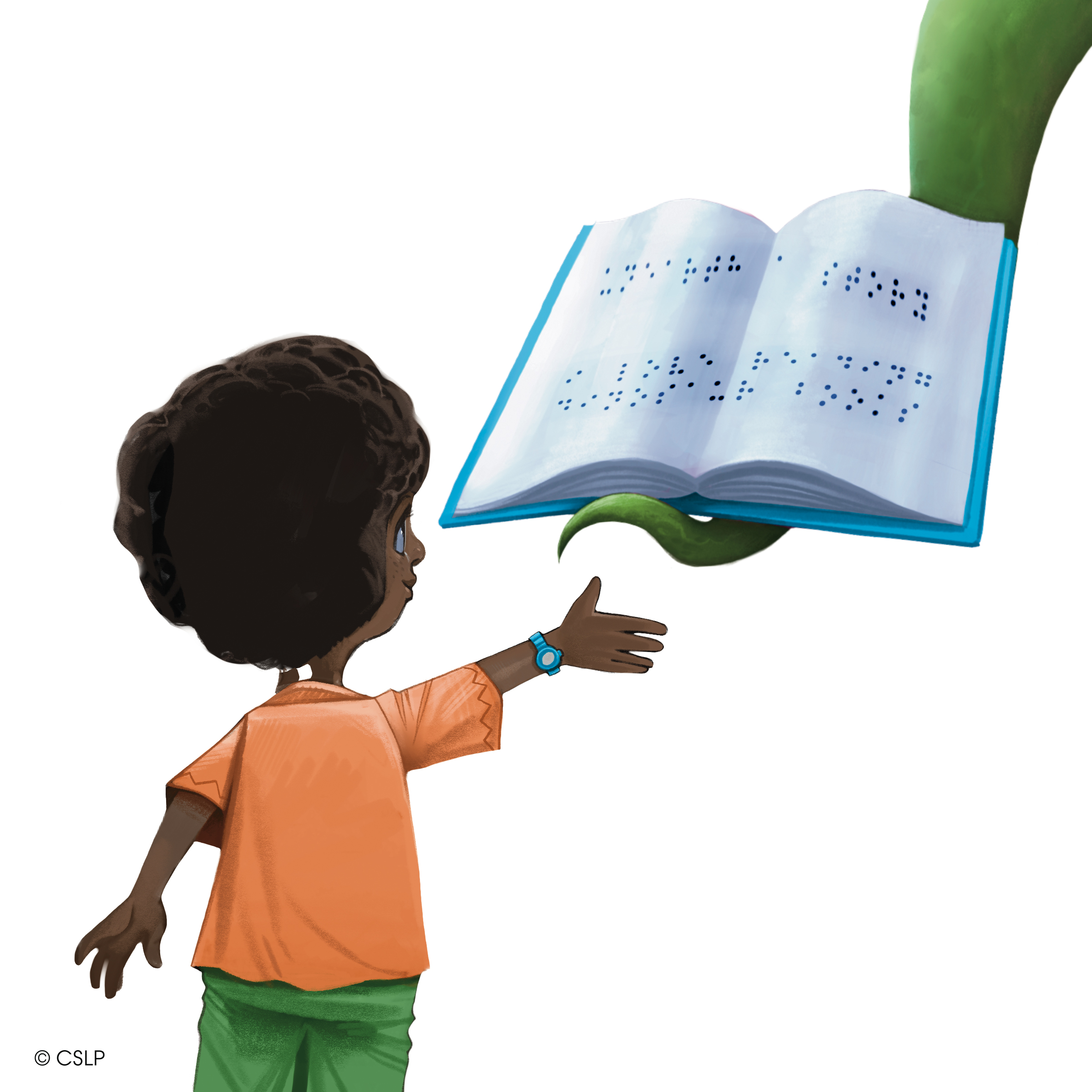 A child with dark curly hair and an orange shirt reaches out toward an open braille book held by a green tentacle. The background is white.