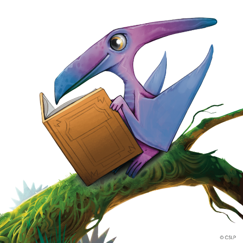 A purple and blue cartoon pterodactyl with big eyes sits on a mossy tree branch, holding and reading an open book.