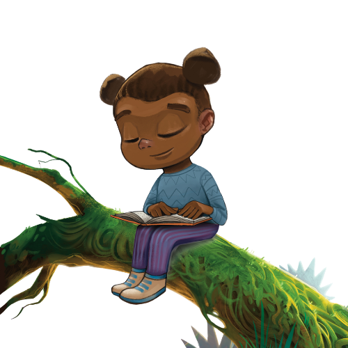 A young child with brown skin and hair in two buns sits peacefully on a mossy tree branch, eyes closed and smiling, while reading an open book. The background is simple and light.
