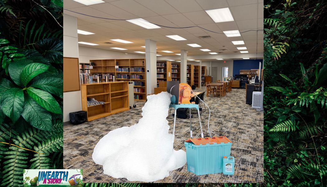 A foam machine placed inside a library releases a pile of white foam onto the carpeted floor. Bookshelves and tables are visible in the background, and vines frame the image with an “Unearth a Story” logo.