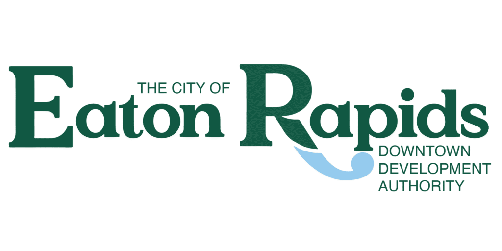 Logo for the City of Eaton Rapids Downtown Development Authority, featuring large green text with a blue design under the R in Rapids.