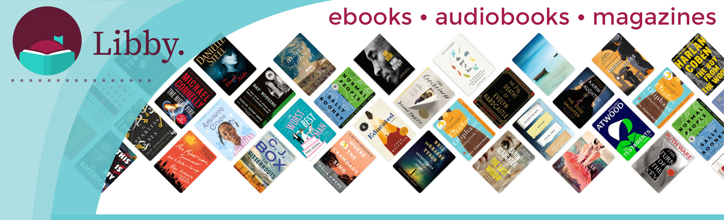 Libby app logo and banner featuring the words ebooks • audiobooks • magazines and a diagonal collage of various book covers.