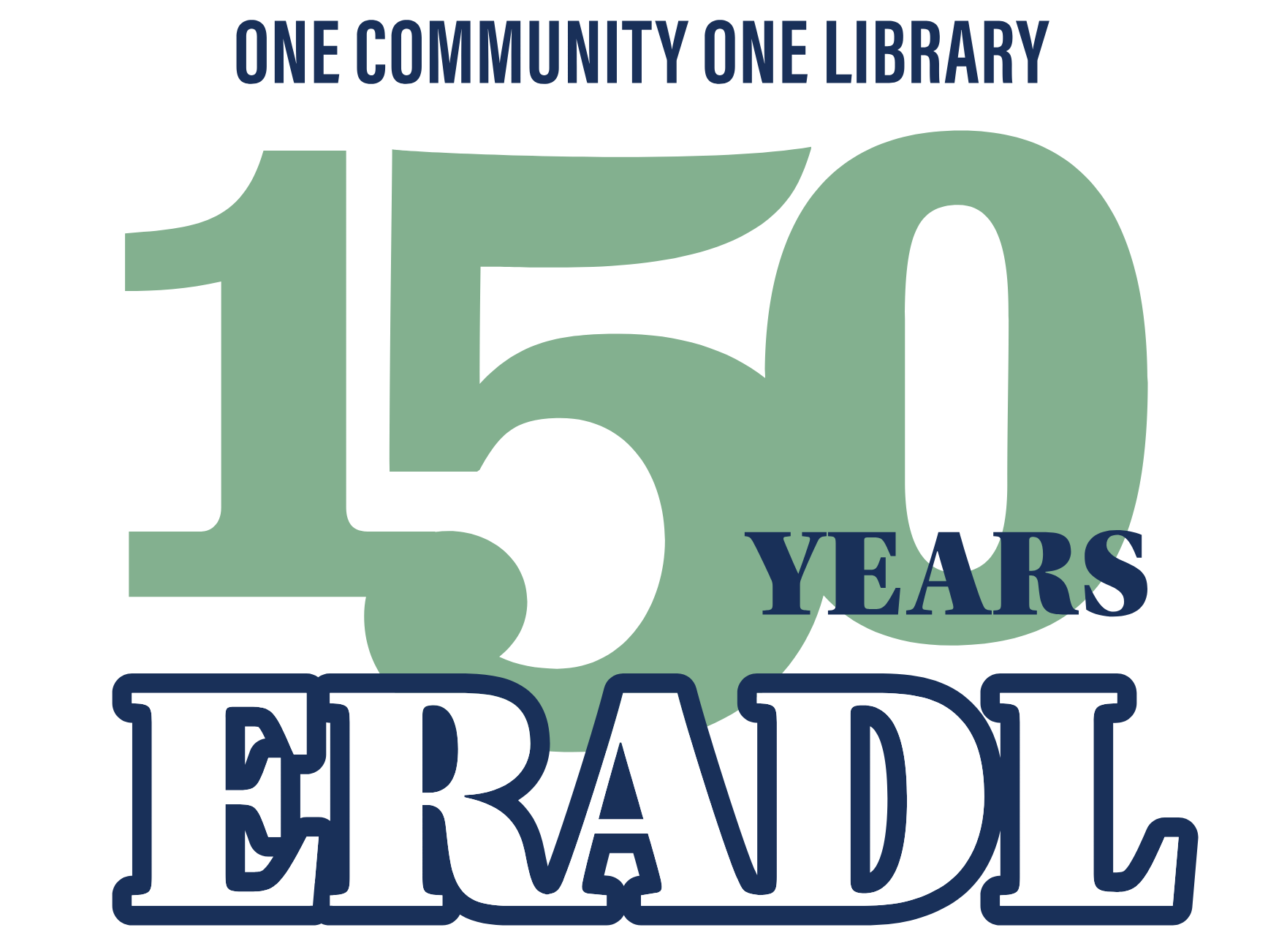Text reads ONE COMMUNITY ONE LIBRARY 150 YEARS ERADL with 150 in large green numbers and the rest of the text in dark blue.